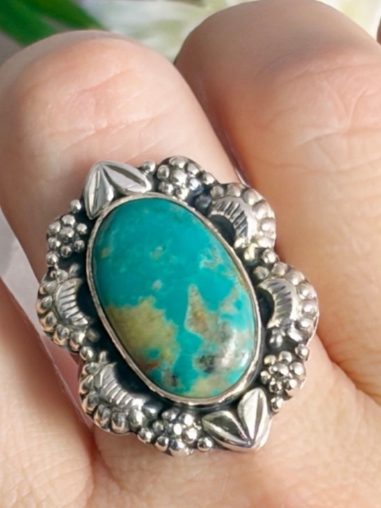 Southwest Jewelry - Sonoran Gold Turquoise Navajo Style Ring Size 8 1/4 8.5 Pure Sterling Silver 925